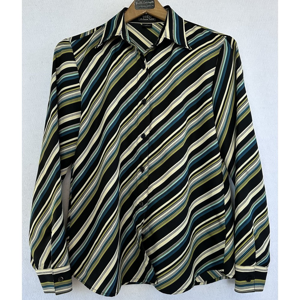 VTG Guess Retro Blouse Shirt Top Black Stripes Size M Women's Office Business